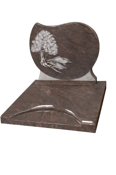 Stèle cinéraire ou funéraire en granit marron ornée d'un arbre gravé.