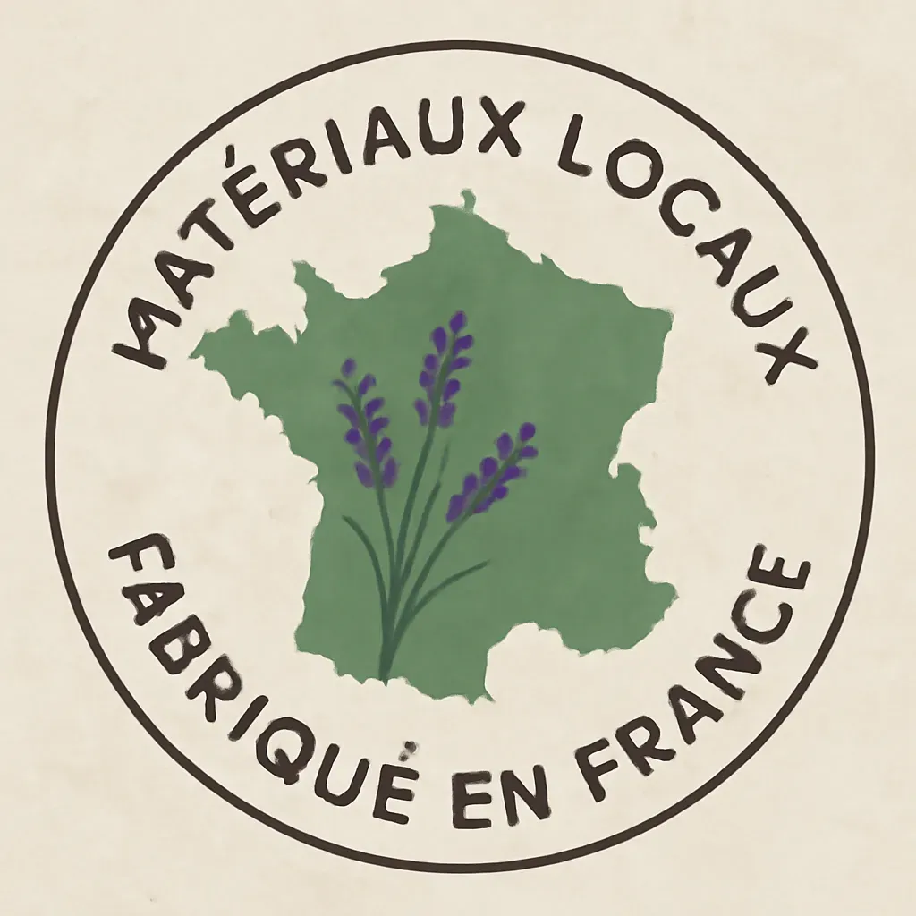 Sceau circulaire illustrant des matériaux locaux et une fabrication en France.
